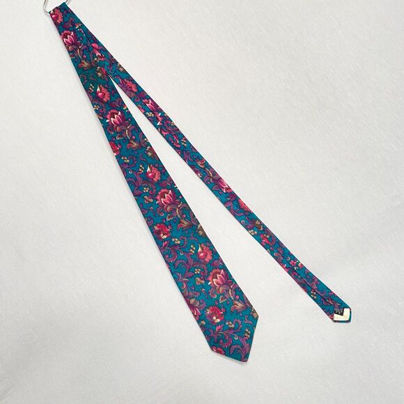 Rohde Royce Necktie Green  Burgundy Floral Pattern 100% Cotton - Picture 2 of 8